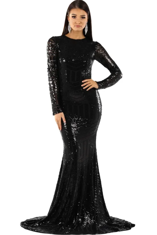 ALIYA Long Sleeve Sequin Gown - Black