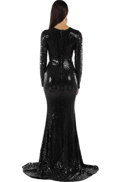 ALIYA Long Sleeve Sequin Gown - Black