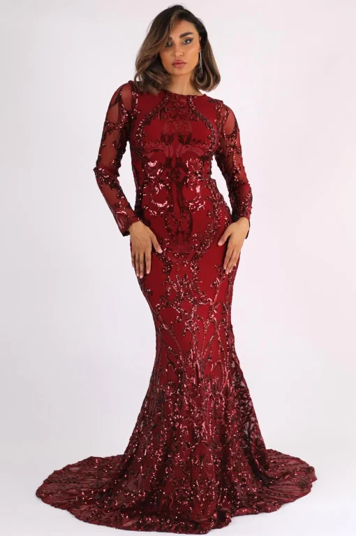 AMANI Long Sleeve Sequin Gown - Wine