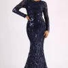 AMANI Long Sleeve Sequin Gown - Navy