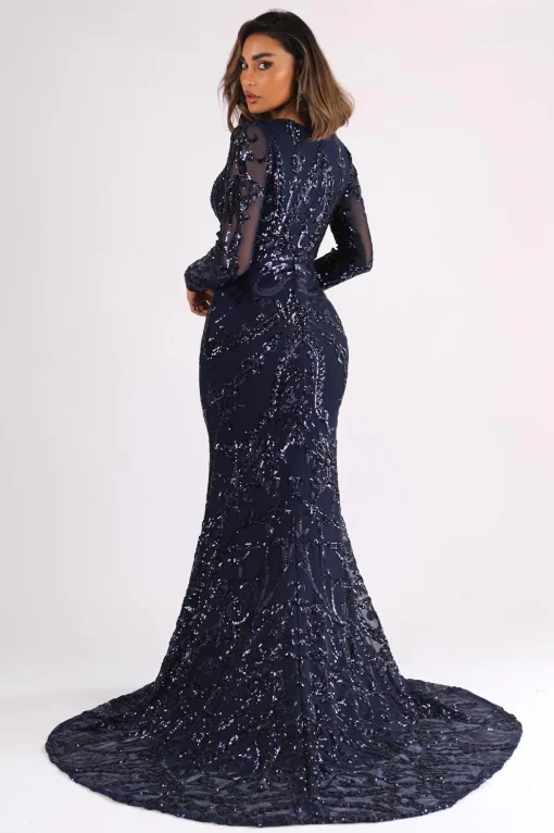 AMANI Long Sleeve Sequin Gown - Navy
