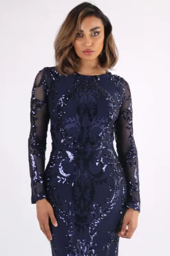 AMANI Long Sleeve Sequin Gown - Navy
