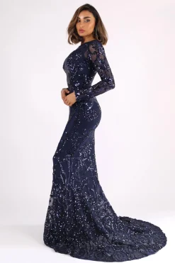 AMANI Long Sleeve Sequin Gown - Navy