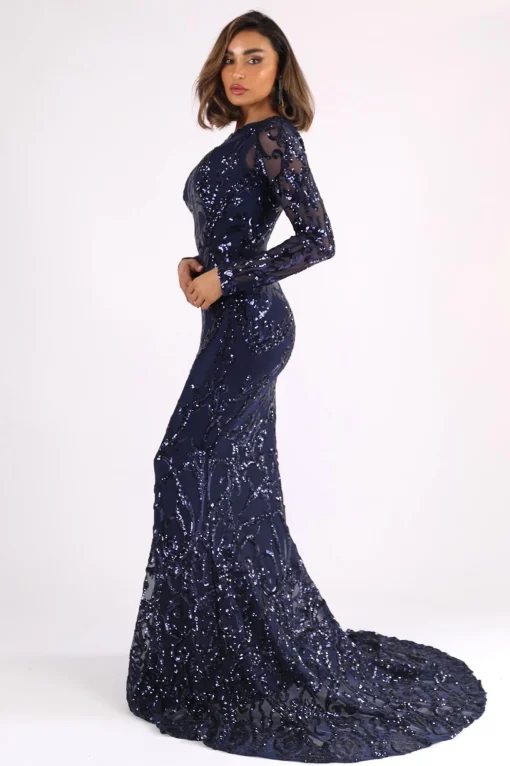 AMANI Long Sleeve Sequin Gown - Navy