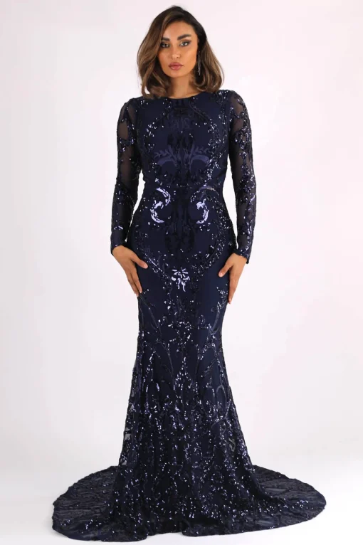 AMANI Long Sleeve Sequin Gown - Navy