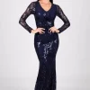 Amelia Long-Sleeve Pattern Sequin Gown - Navy
