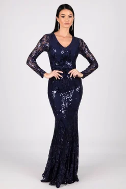 Amelia Long-Sleeve Pattern Sequin Gown - Navy