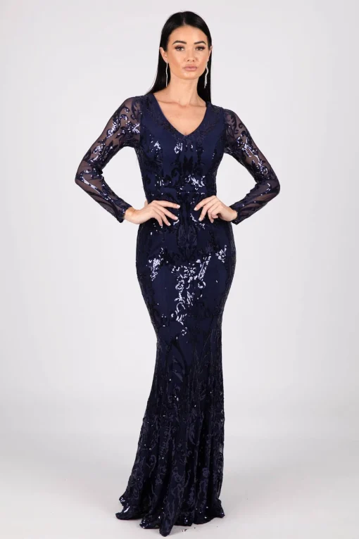 Amelia Long-Sleeve Pattern Sequin Gown - Navy