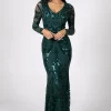 Amelia Long-Sleeve Pattern Sequin Gown - Emerald