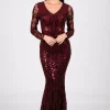 Amelia Long-Sleeve Pattern Sequin Gown - Burgundy