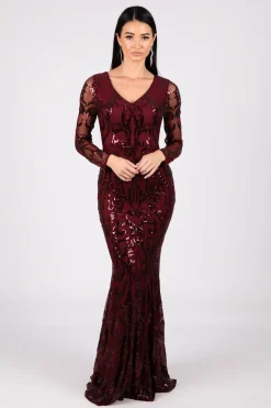 Amelia Long-Sleeve Pattern Sequin Gown - Burgundy