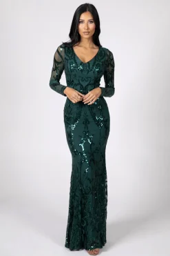 Amelia Long-Sleeve Pattern Sequin Gown - Emerald