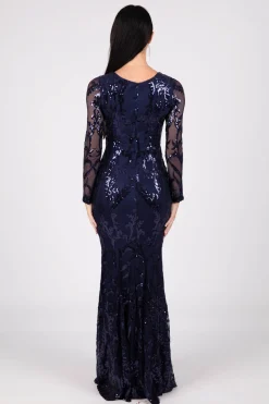 Amelia Long-Sleeve Pattern Sequin Gown - Navy