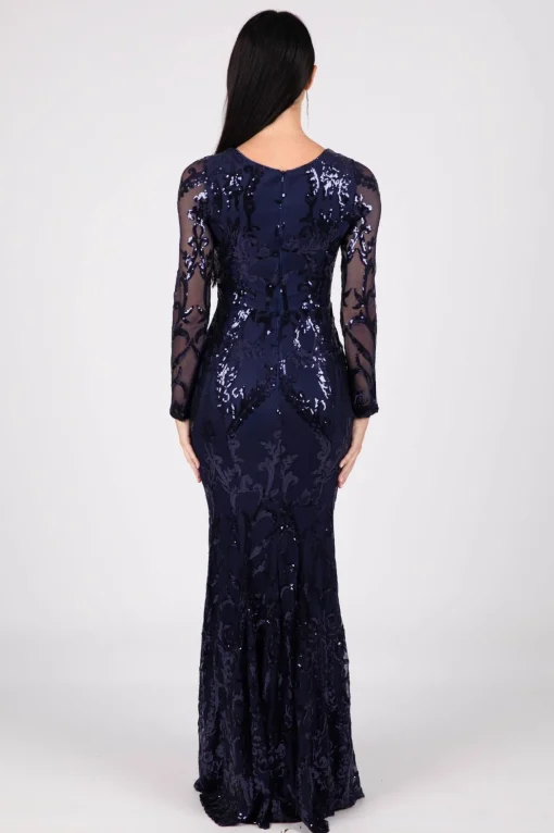 Amelia Long-Sleeve Pattern Sequin Gown - Navy