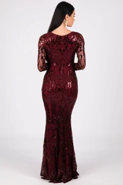 Amelia Long-Sleeve Pattern Sequin Gown - Burgundy