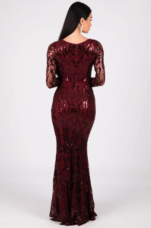 Amelia Long-Sleeve Pattern Sequin Gown - Burgundy