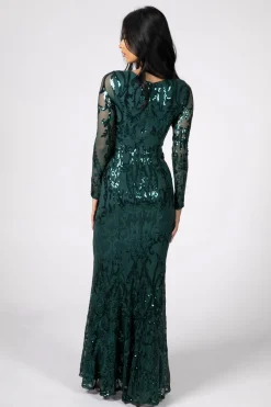 Amelia Long-Sleeve Pattern Sequin Gown - Emerald