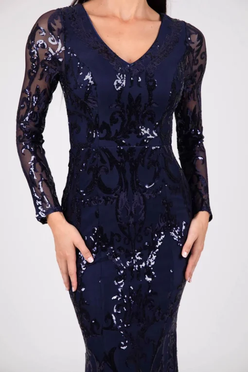 Amelia Long-Sleeve Pattern Sequin Gown - Navy