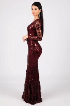 Amelia Long-Sleeve Pattern Sequin Gown - Burgundy