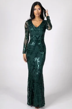 Amelia Long-Sleeve Pattern Sequin Gown - Emerald