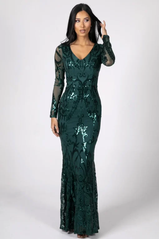 Amelia Long-Sleeve Pattern Sequin Gown - Emerald