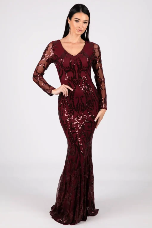 Amelia Long-Sleeve Pattern Sequin Gown - Burgundy