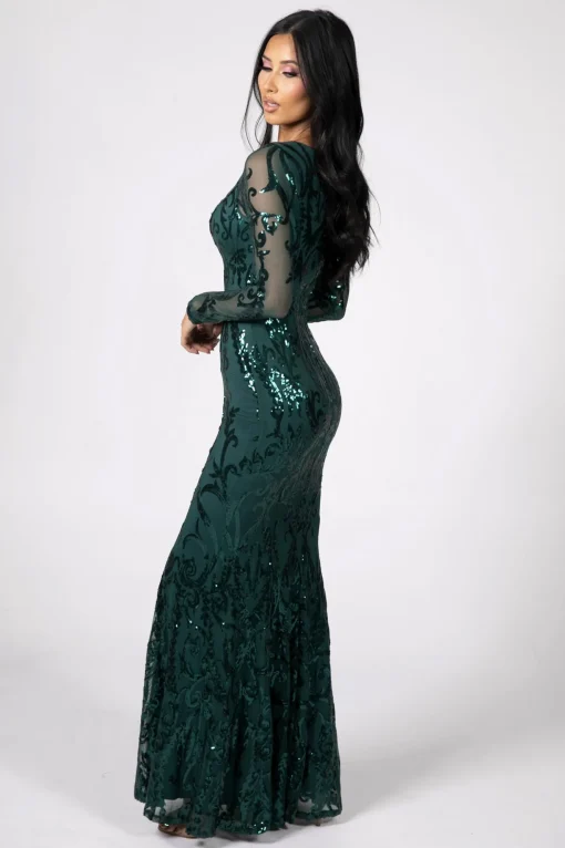 Amelia Long-Sleeve Pattern Sequin Gown - Emerald