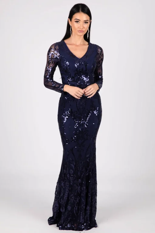 Amelia Long-Sleeve Pattern Sequin Gown - Navy