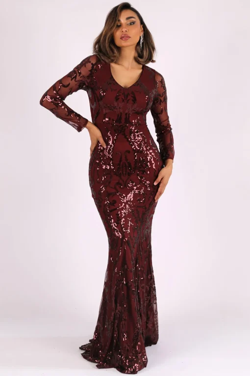Amelia Long-Sleeve Pattern Sequin Gown - Burgundy