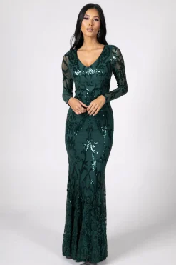 Amelia Long-Sleeve Pattern Sequin Gown - Emerald