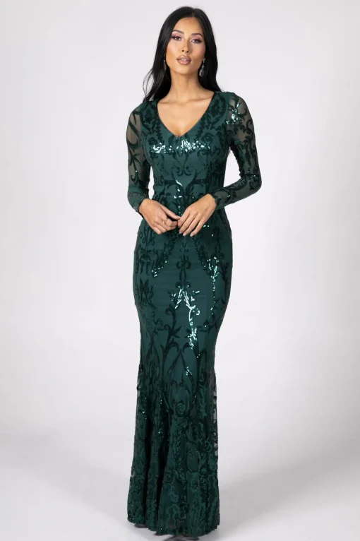 Amelia Long-Sleeve Pattern Sequin Gown - Emerald