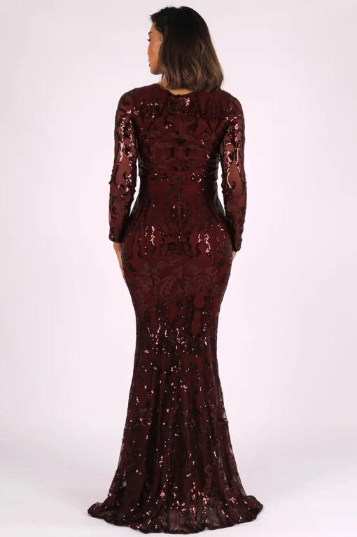 Amelia Long-Sleeve Pattern Sequin Gown - Burgundy