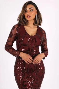 Amelia Long-Sleeve Pattern Sequin Gown - Burgundy