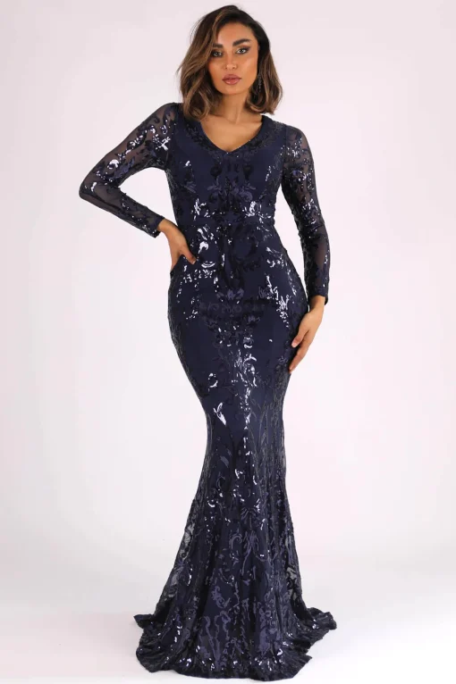 Amelia Long-Sleeve Pattern Sequin Gown - Navy