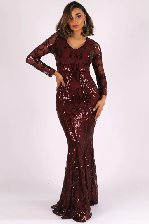 Amelia Long-Sleeve Pattern Sequin Gown - Burgundy