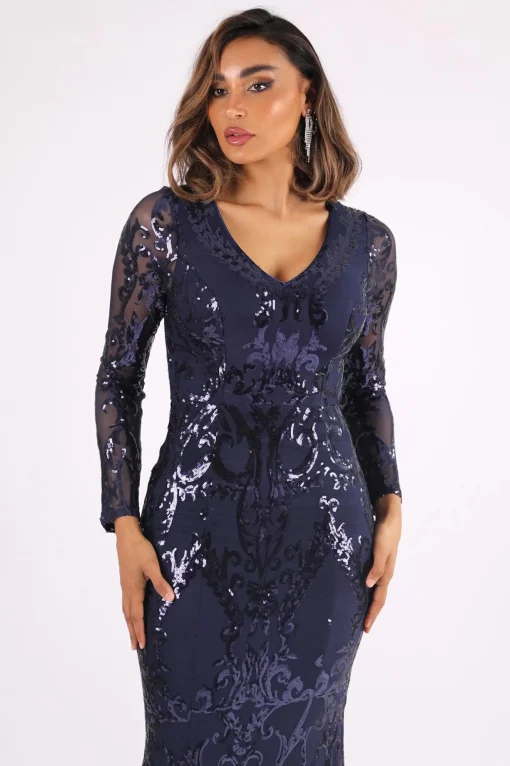 Amelia Long-Sleeve Pattern Sequin Gown - Navy