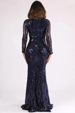 Amelia Long-Sleeve Pattern Sequin Gown - Navy