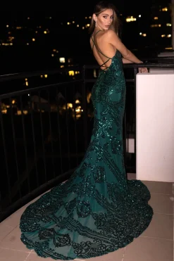 AMIYA Lace Up Back Pattern Sequin Gown - Emerald