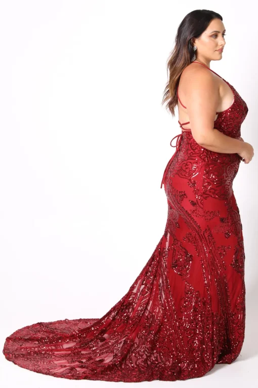AMIYA Lace Up Back Pattern Sequin Gown - Wine