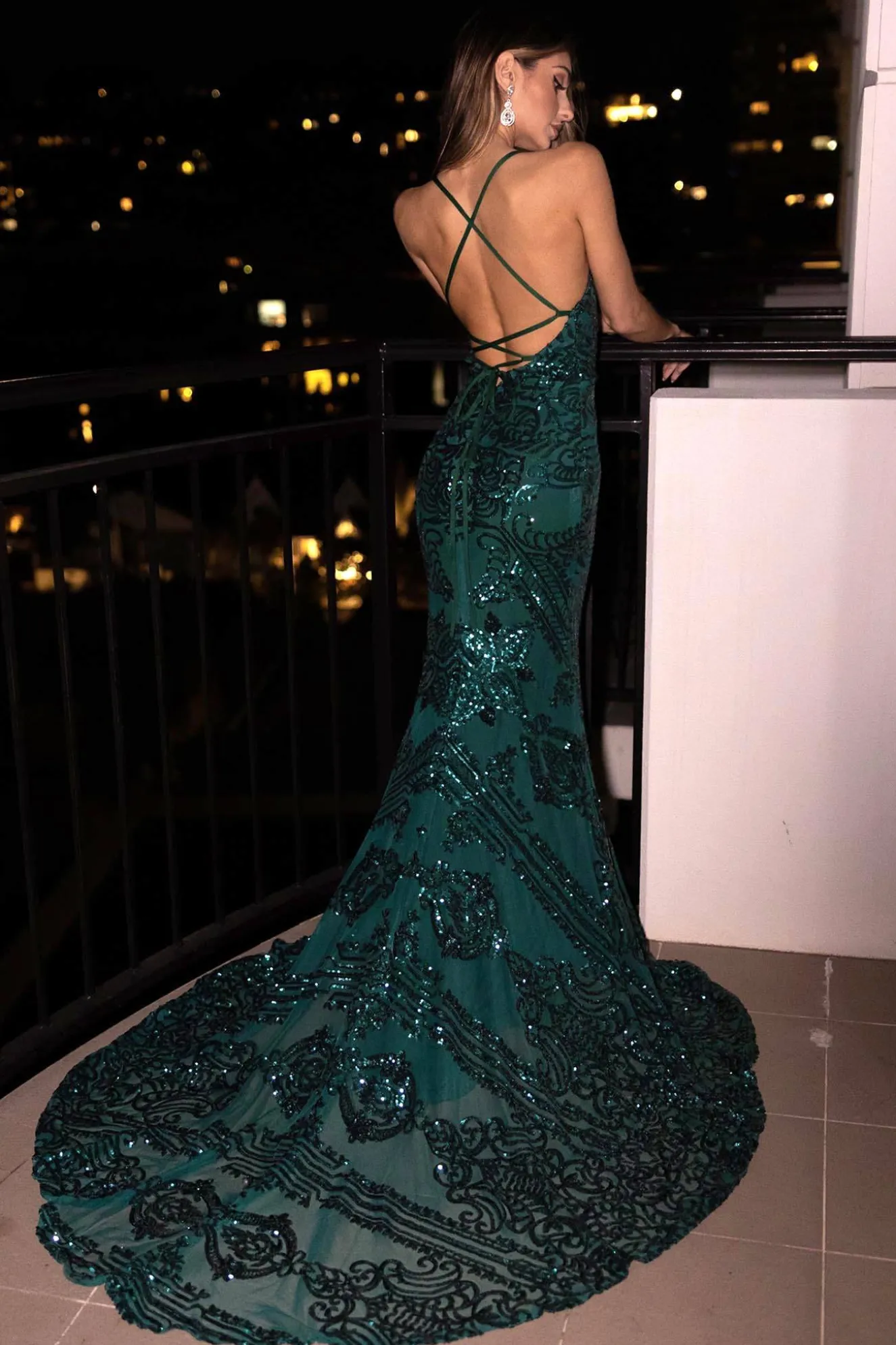 AMIYA Lace Up Back Pattern Sequin Gown - Emerald