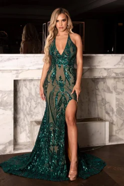 Ariella Side Slit Pattern Sequin Gown - Emerald/Nude