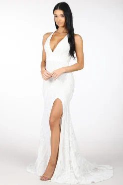 Ariella Side Slit Pattern Sequin Gown - White