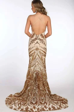 Ariella Side Slit Pattern Sequin Gown - Gold