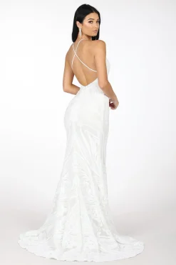 Ariella Side Slit Pattern Sequin Gown - White