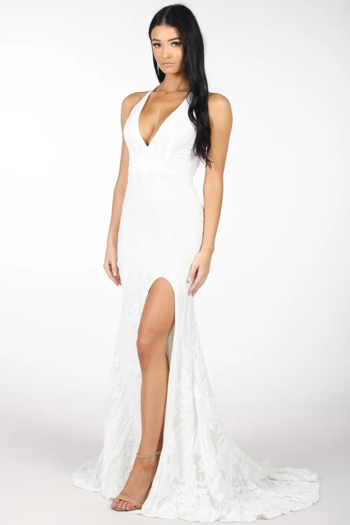 Ariella Side Slit Pattern Sequin Gown - White