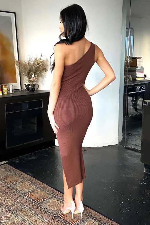 Arya One Shoulder Knit Midi Dress - Brown