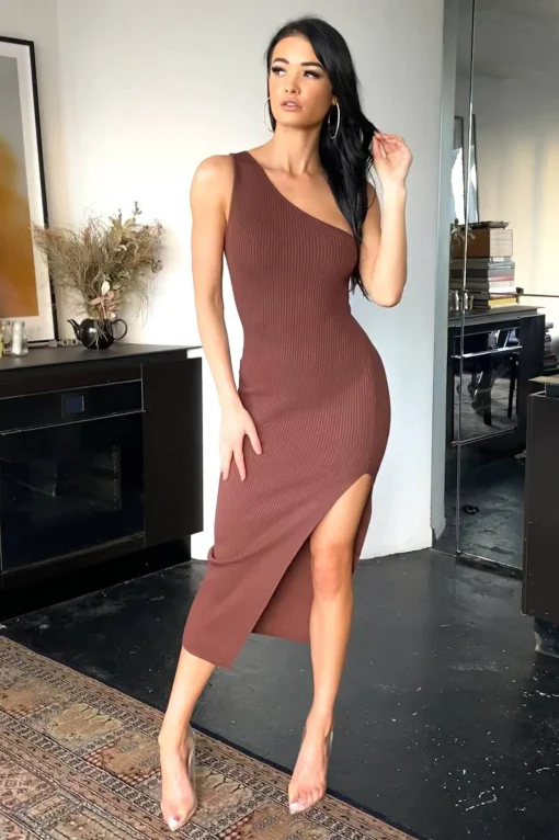 Arya One Shoulder Knit Midi Dress - Brown