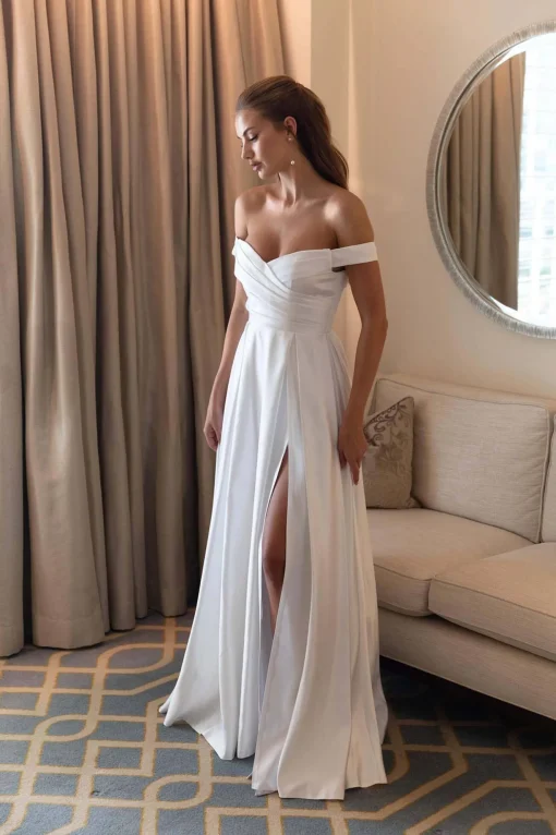 AUDREY Off-Shoulder A-line Satin Gown - White