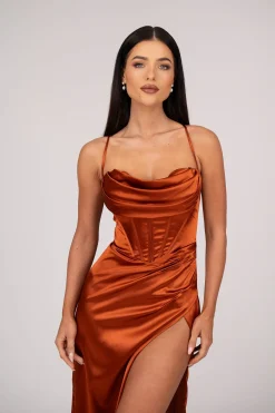 AYANA Corset Satin Gown - Burnt Orange
