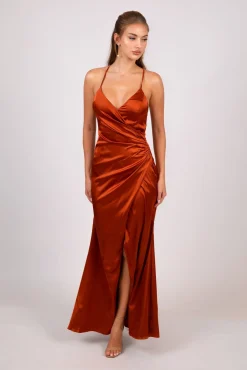 BELINDA Satin Maxi Dress - Burnt Orange